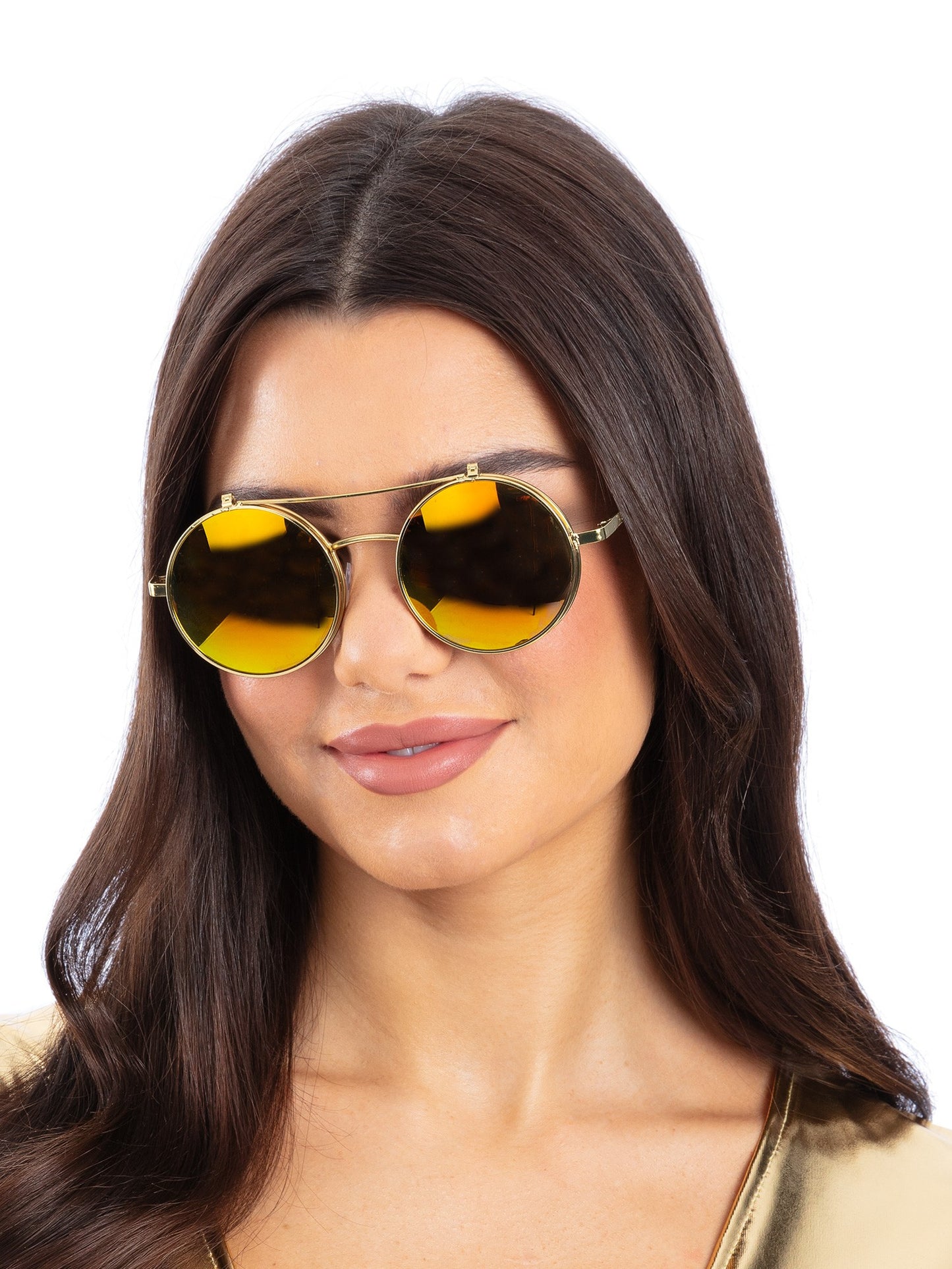 Metallic Gold Flip Up Mirrored Round Specs Wholesale