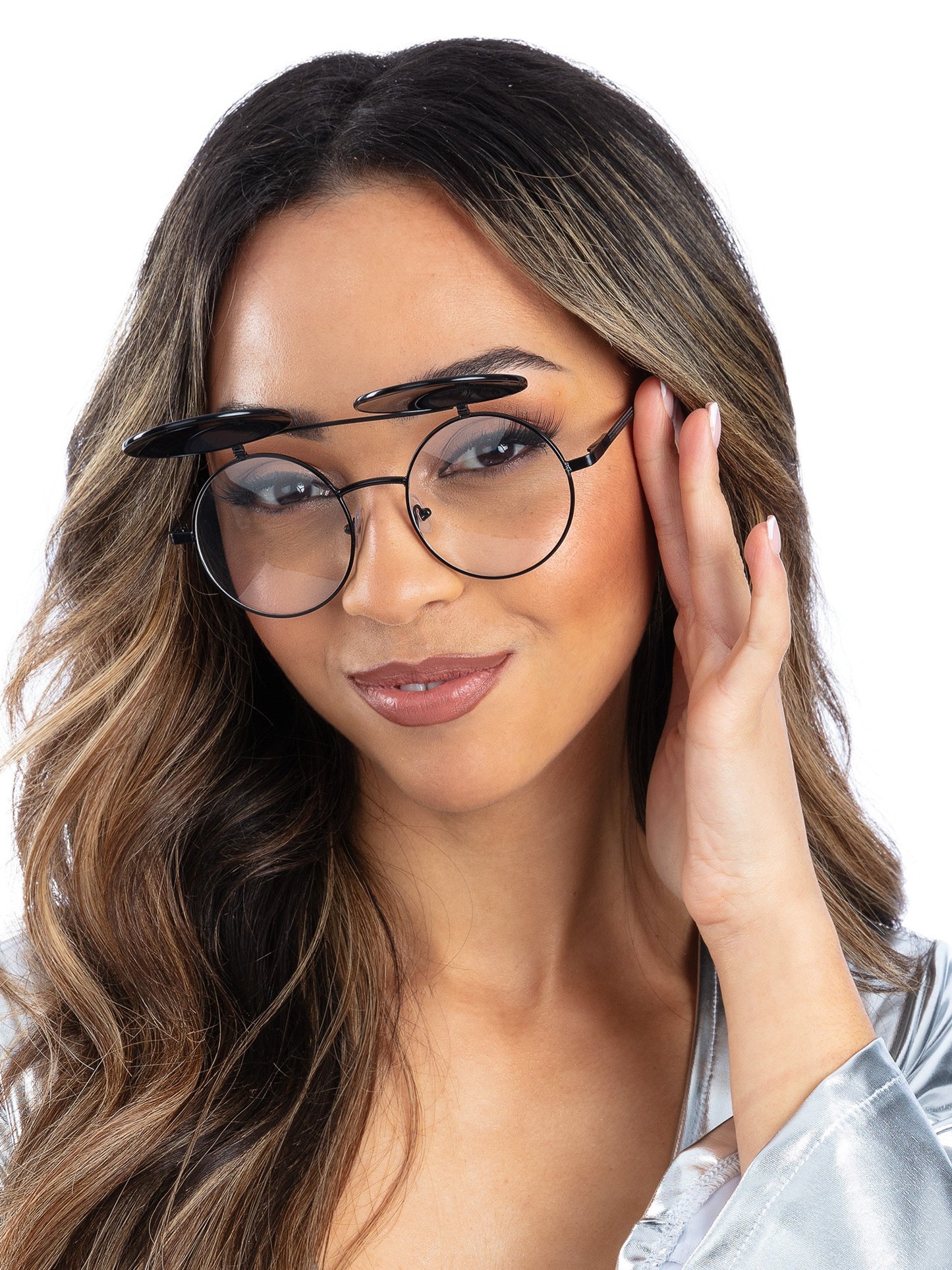 Metallic Blue Flip Up Mirrored Round Specs Wholesale