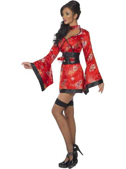 Disfraz de geisha del vodka, vestido y cinturón con soporte para vasos de chupito