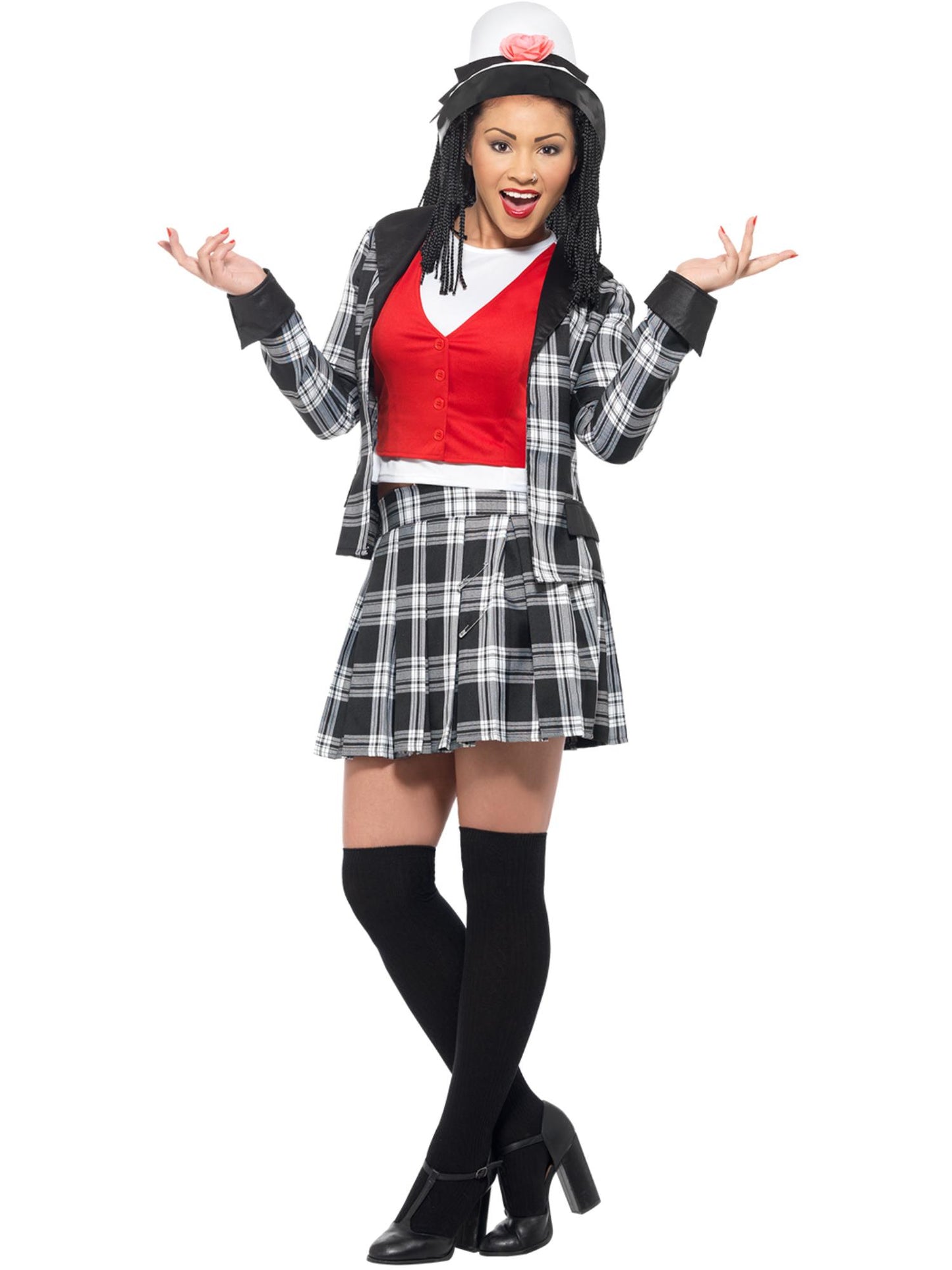 Disfraz de Dionne de Clueless Fuera de onda, Negro, con falda, parte de arriba, chaqueta, calcetines hasta la rodilla y sombrero
