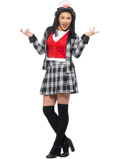 Disfraz de Dionne de Clueless Fuera de onda, Negro, con falda, parte de arriba, chaqueta, calcetines hasta la rodilla y sombrero