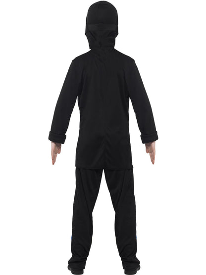 Ninja Assassin-Kostüm, Schwarz und Blau, mit Kapuze, Maske, Oberteil und Hose