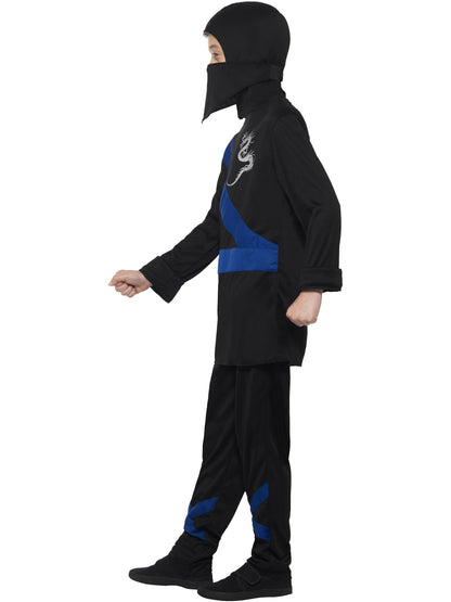 Ninja Assassin-Kostüm, Schwarz und Blau, mit Kapuze, Maske, Oberteil und Hose