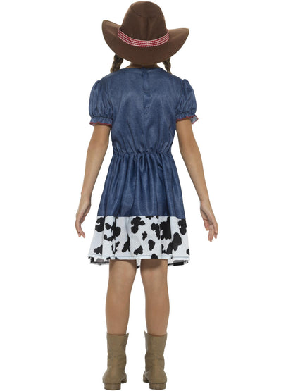 Costume cowgirl texane, bleu, avec robe, gilet attaché et chapeau
