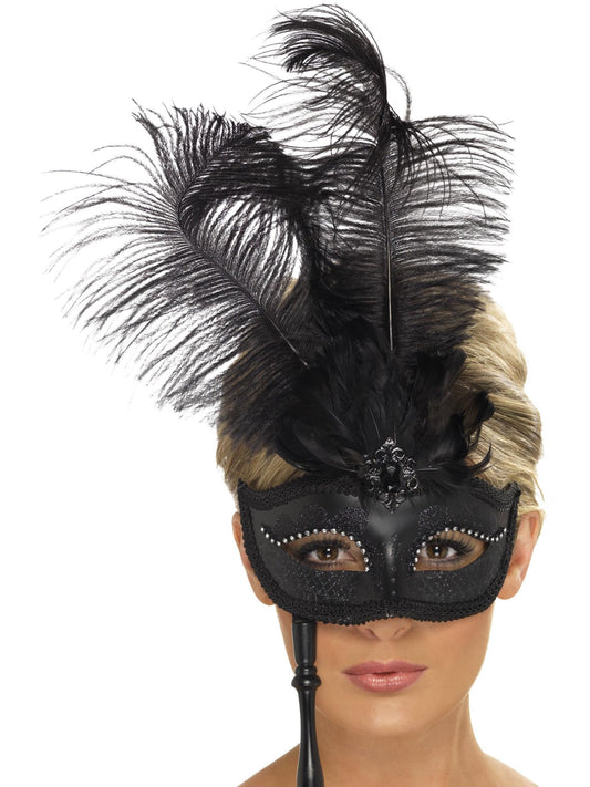 Antifaz fantasía barroca, negro, con plumas