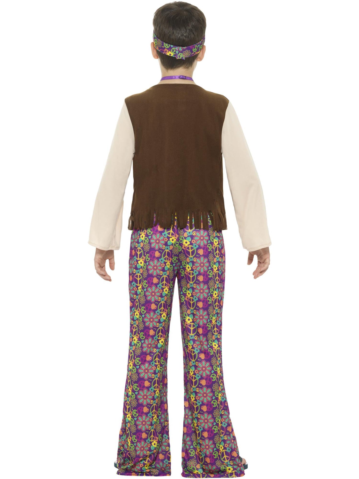 Disfraz de hippy para chico, multicolor, con camiseta, chaleco cosido, pantalones, medallón y cinta para la cabeza