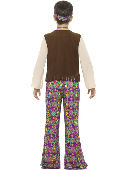 Disfraz de hippy para chico, multicolor, con camiseta, chaleco cosido, pantalones, medallón y cinta para la cabeza