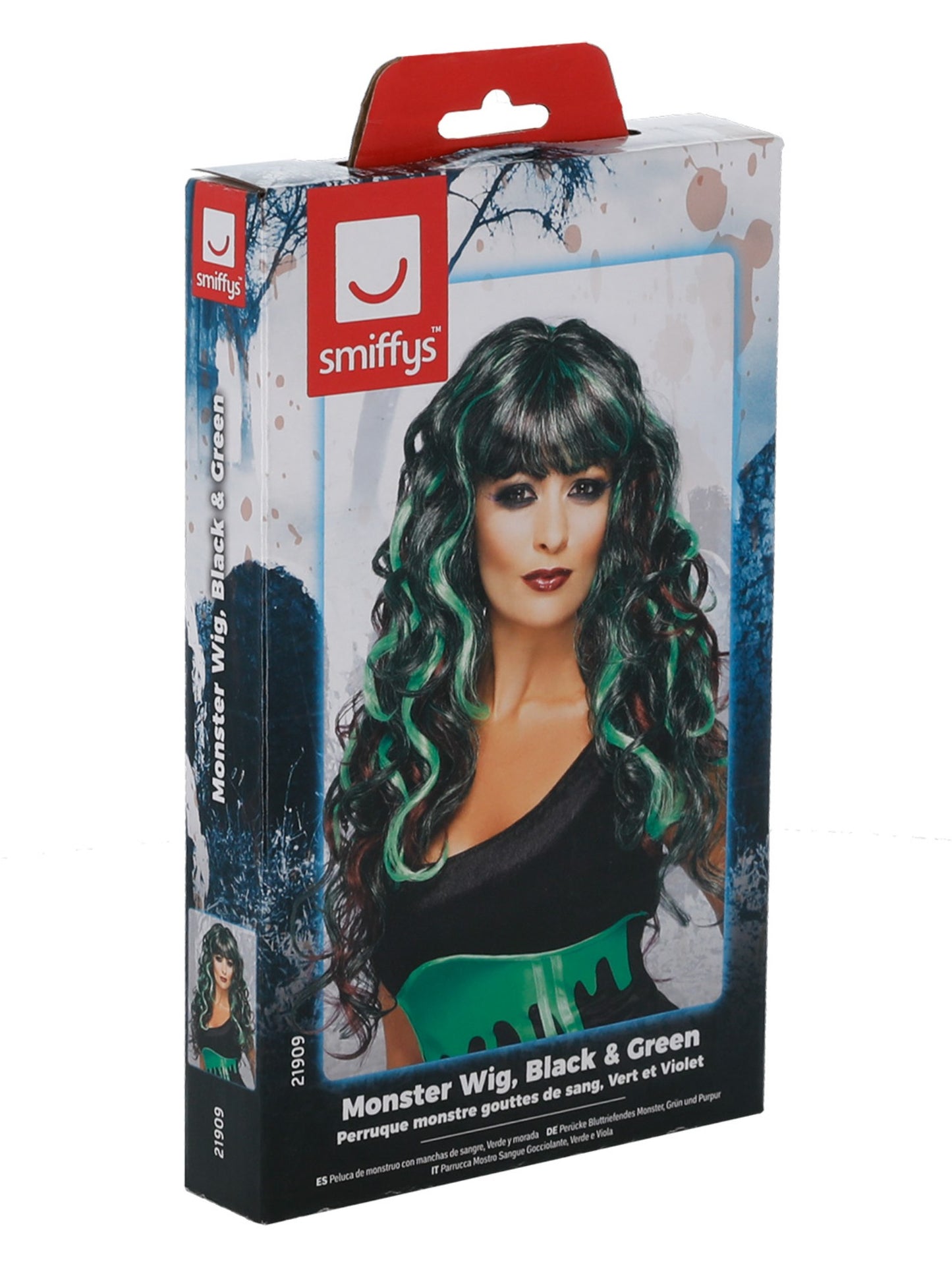 Perücke Bluttriefendes Monster, Grün und Purpur, Lang und lockig mit Fring