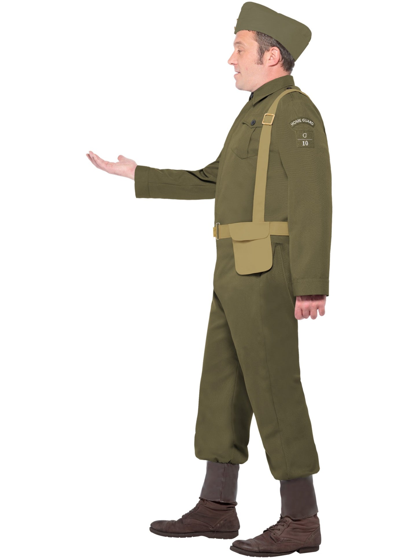 Disfraz de soldado raso del cuerpo de voluntarios de la 2ª Guerra Mundial, pantalones, espinilleras, chaqueta, gorra y cinturón arnés