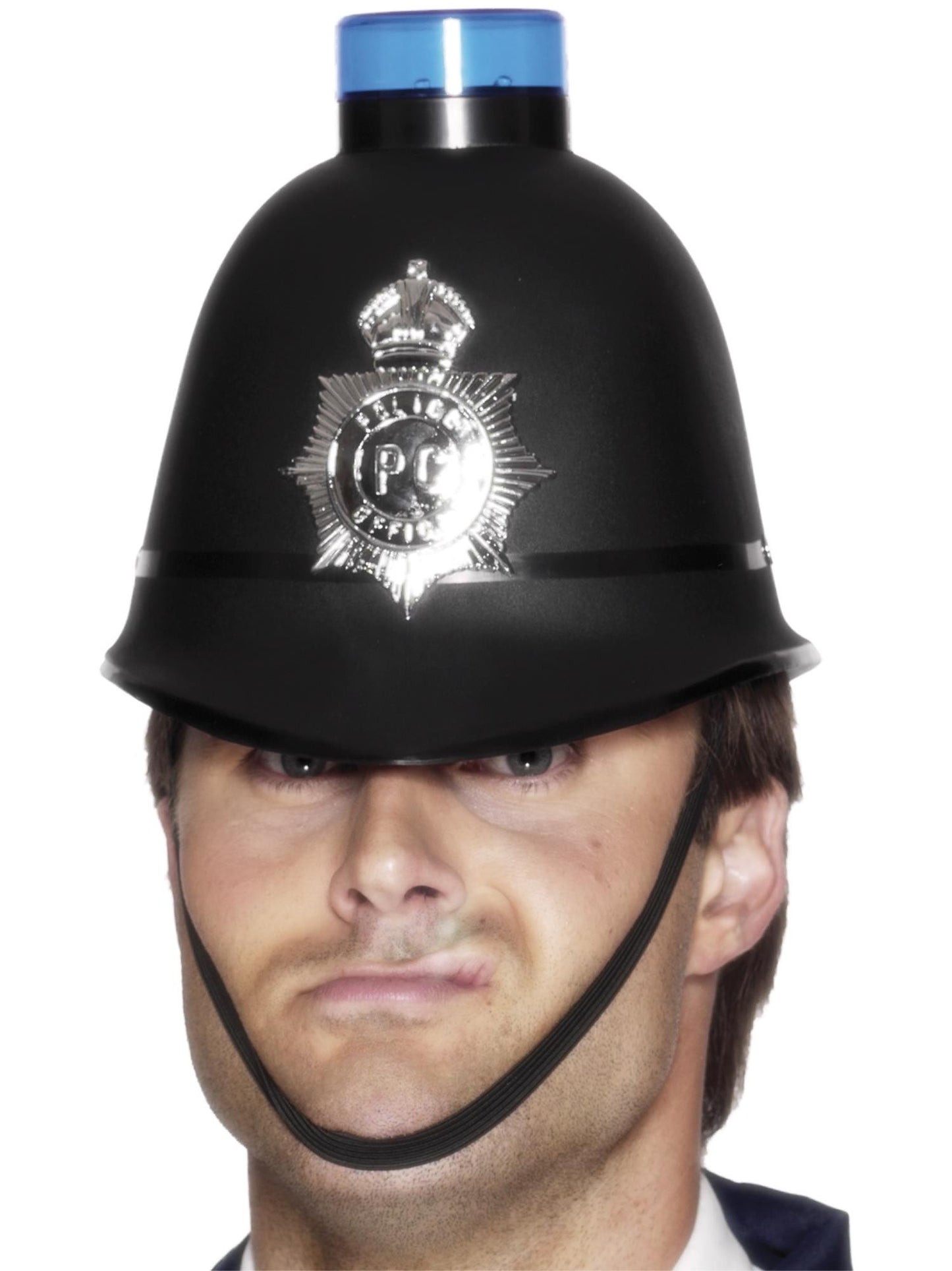 Police Helmet with Flashing Siren Light, Black  Wholesale