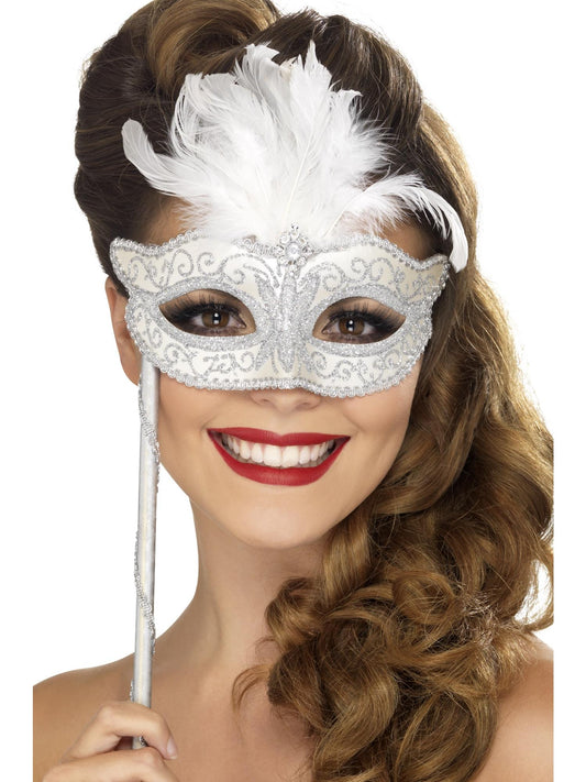 Barock-Fantasie-Augenmaske, Silber, mit Feder