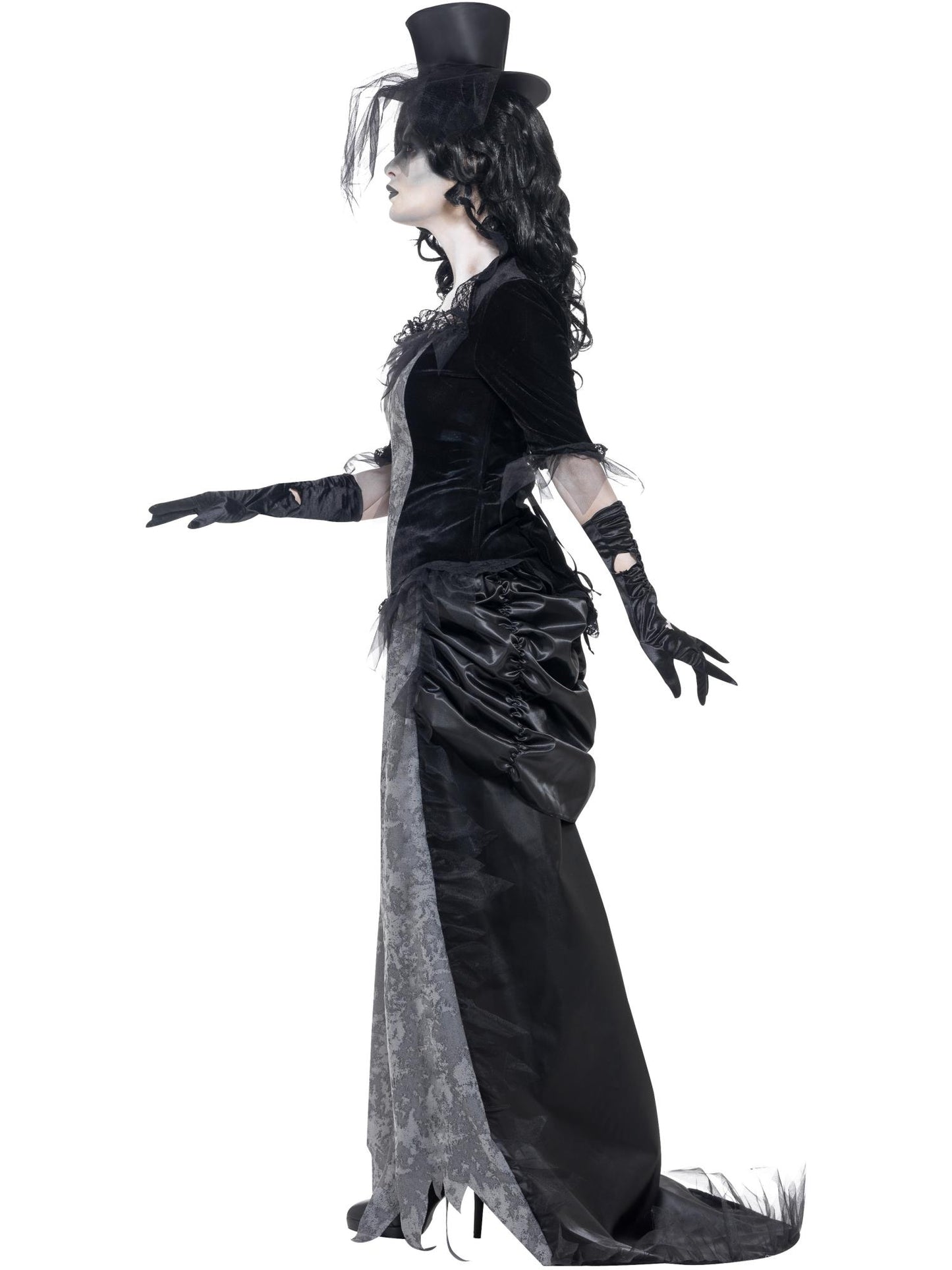 Costume veuve noire ville fantôme, Gris, avec haut, jupe & chapeau