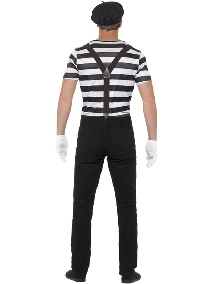 Costume mime homme, Noir, avec haut, béret, gants, bretelles et maquillage
