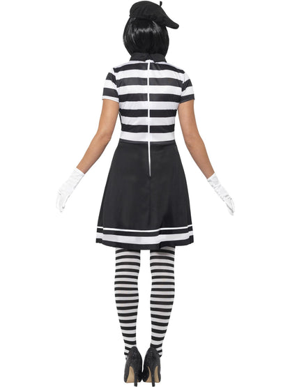 Costume mime femme, Noir, Robe, col, béret, gants, collants et maquillage