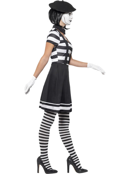 Costume mime femme, Noir, Robe, col, béret, gants, collants et maquillage