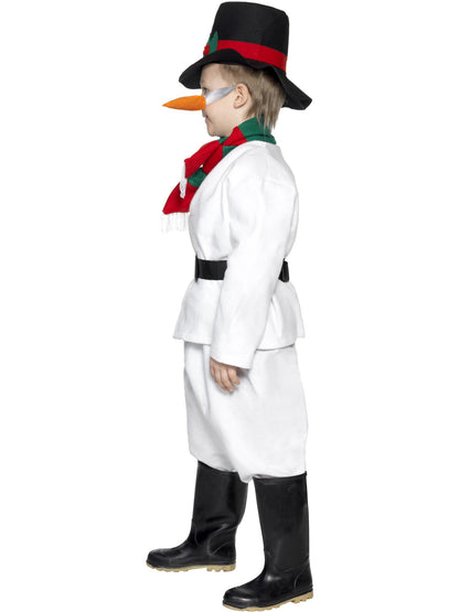 Kostüm Schneemann, Weiß, mit Oberteil, Hose, Hut, Schal, Gürtel und Karottennase