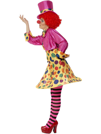 Costume de clown femme, multi couleurs, robe cerclée, chemise, nœud papillon, collants à rayures et chapeau