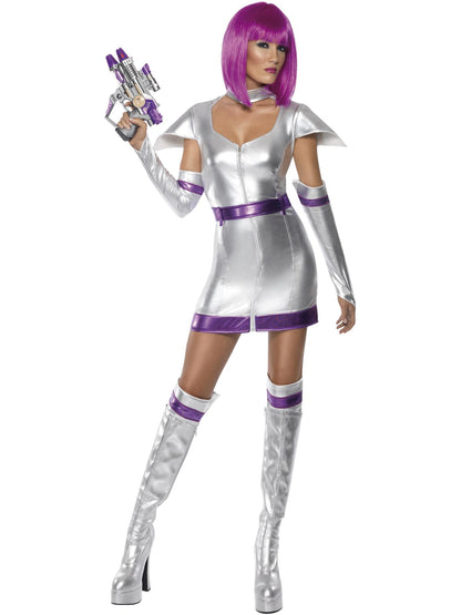 Disfraz Fever de cadete del espacio, con vestido, cinturón, muñequeras y cubrebotas