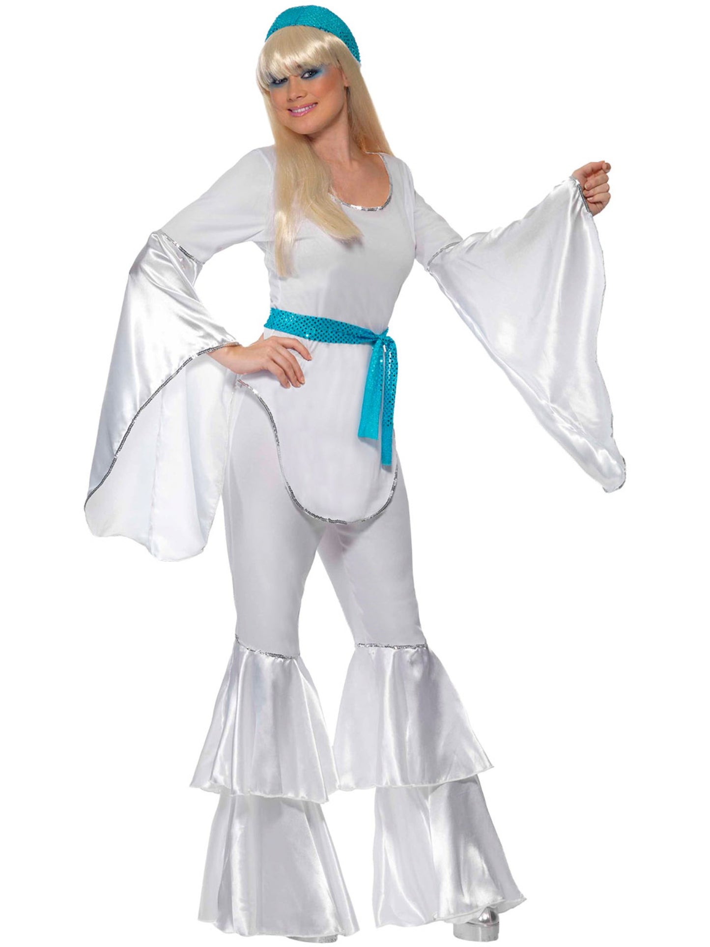 Super Trooper Damenkostüm, Weiß, mit Oberteil, Hose, Mütze und Bindegürtel 