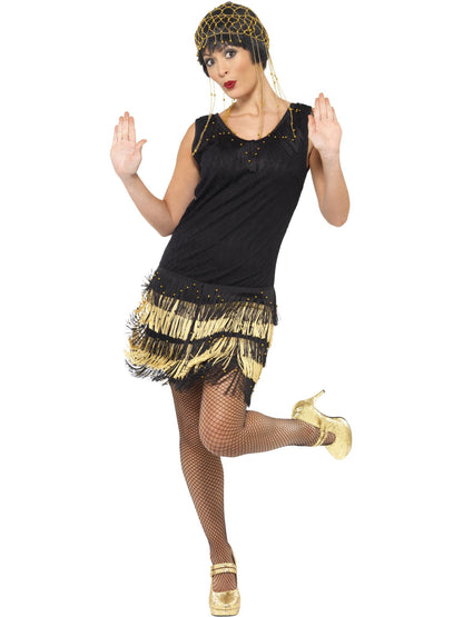 20er Fringed Flapper Kostüm, enthält Kleid mit Spitzenfront und mit Perlen bestickten Saum