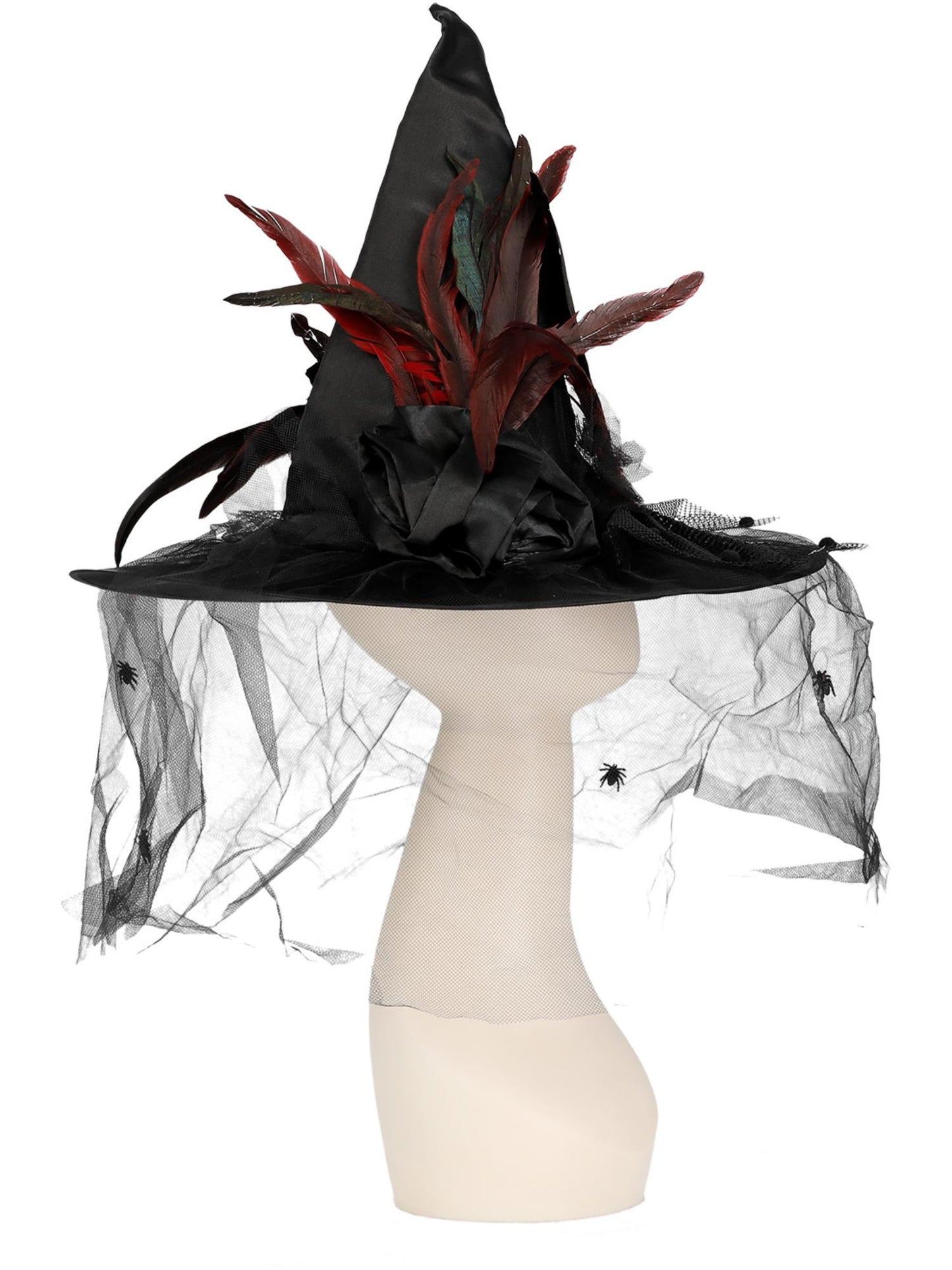 Chapeau sorcière, Noir, avec plumes & tulle, deluxe