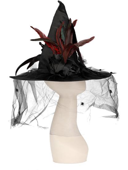 Chapeau sorcière, Noir, avec plumes & tulle, deluxe