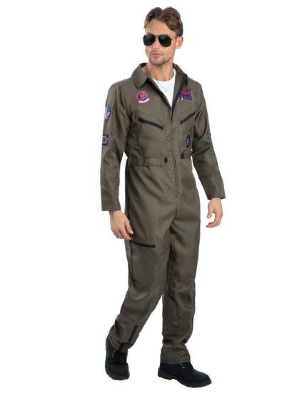 Disfraz de Top Gun, Verde, con mono, placas de identificación y gafas
