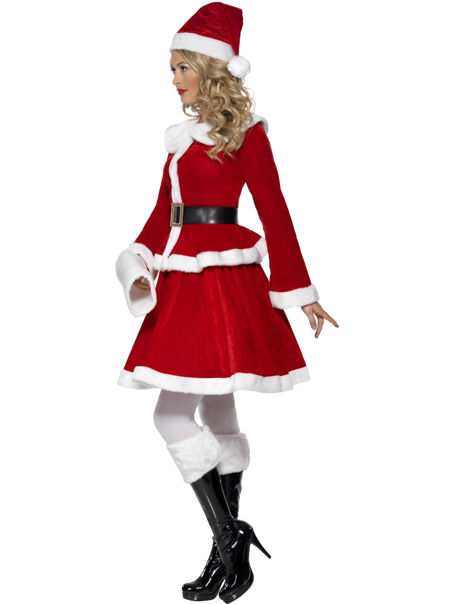 Disfraz de Miss Santa, Rojo, con chaqueta, falda, gorro, cinturón y manguito