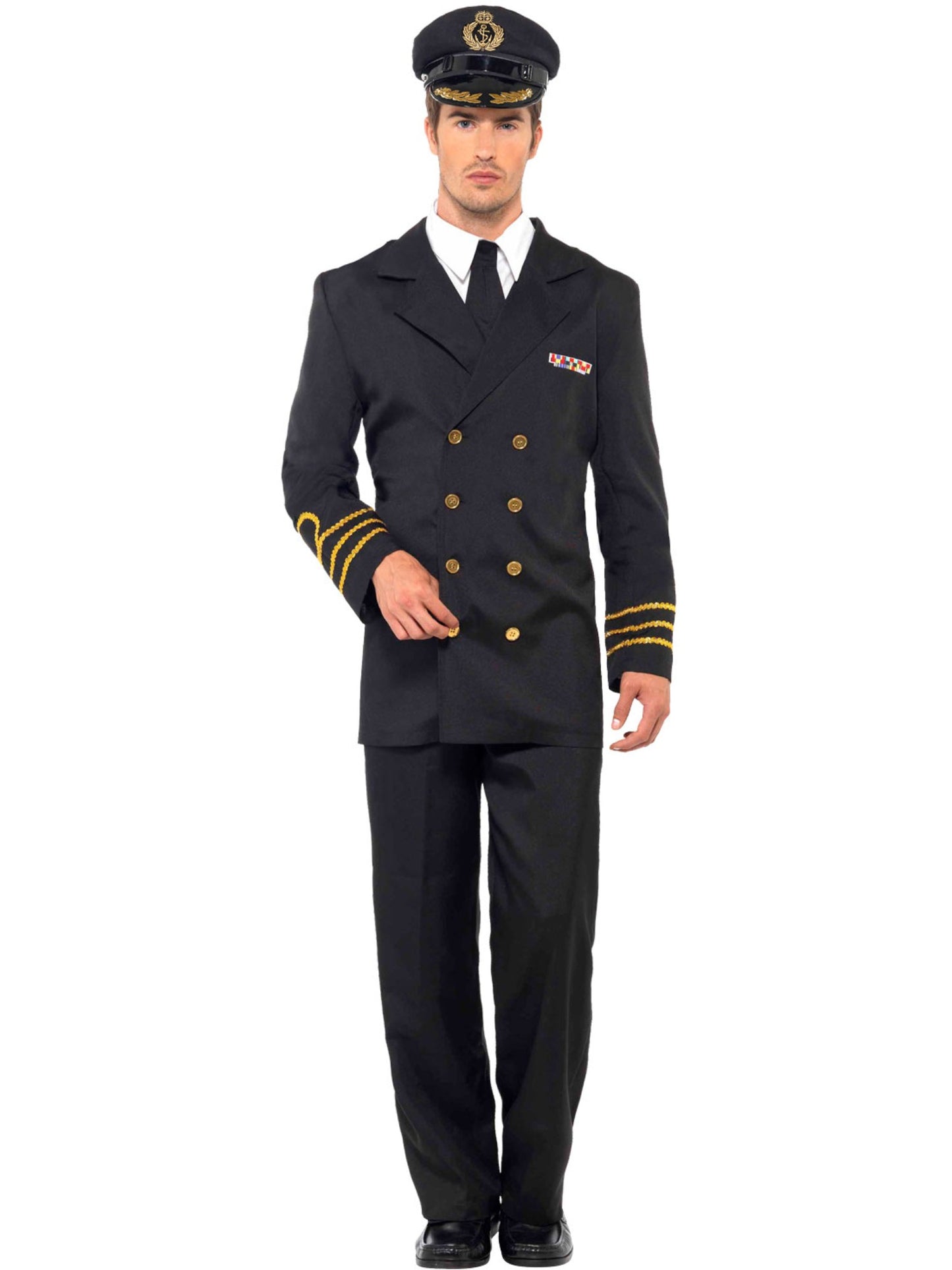 Marine Offizier Kostüm, Schwarz, mit Jackett, Hose, vorgetäuschter Weste & Hut