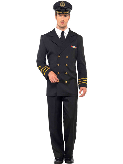 Marine Offizier Kostüm, Schwarz, mit Jackett, Hose, vorgetäuschter Weste & Hut
