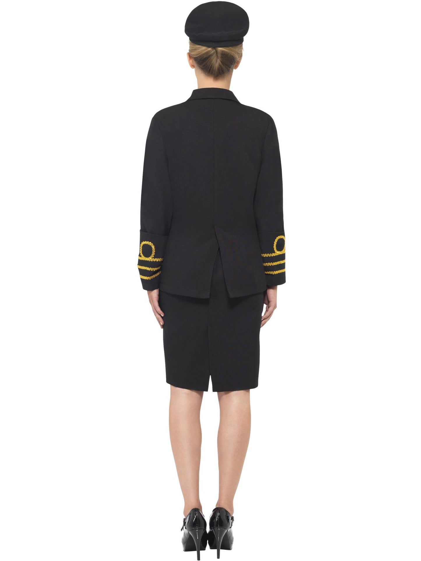Marine Offizier Kostüm, Schwarz, mit Jacke, Rock, vorgetäuschter Bluse & Kopfbedeckung