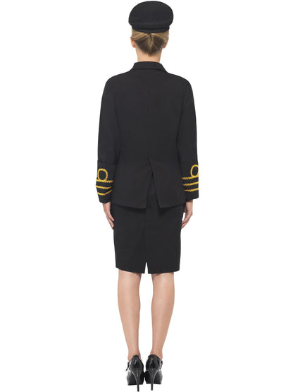 Marine Offizier Kostüm, Schwarz, mit Jacke, Rock, vorgetäuschter Bluse & Kopfbedeckung