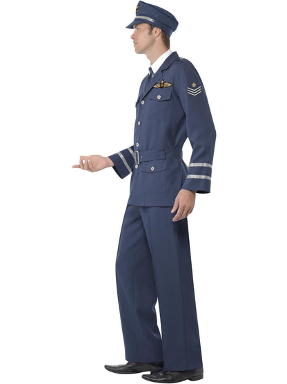 Disfraz de capitán de la Fuerza Aérea de la Segunda Guerra Mundial, azul, con pantalones, chaqueta, cinturón, sombrero y corbata