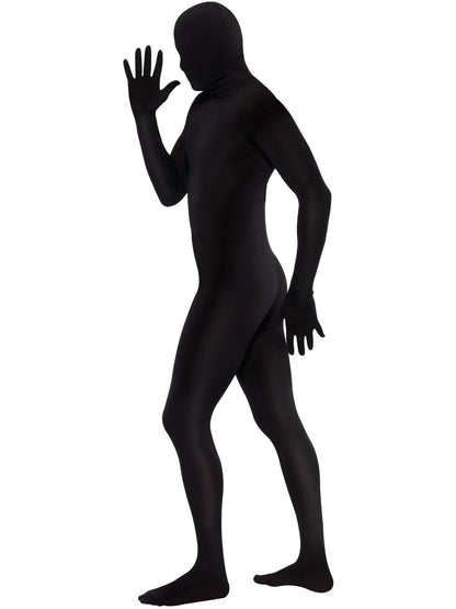 Traje ajustado al cuerpo, negro, con bolso canguro, bragueta invisible y abertura bajo la barbilla
