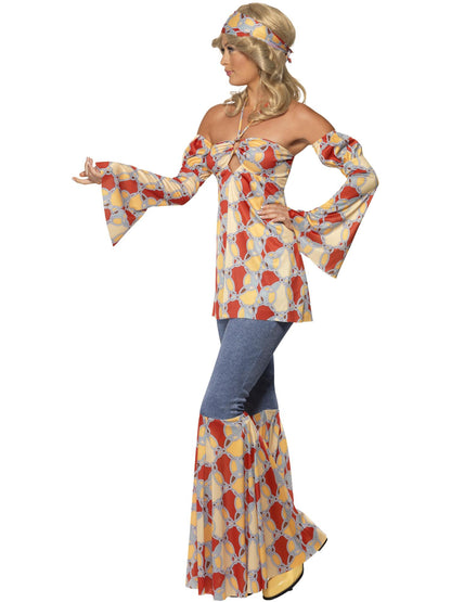 Costume hippy vintage des années 70, avec haut dos nu, manches, pantalon patte d'éléphant et bandeau 