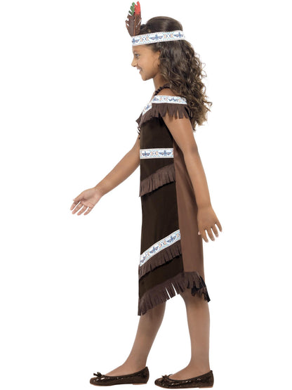 Costume fille inspiré amérindien, marron, robe à franges et bandeau à plumes