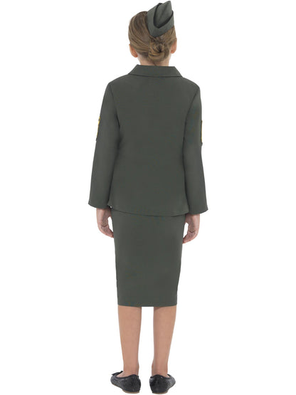 Disfraz de chica del ejercito de la 2ª Guerra Mundial, caqui verde, con chaqueta, falda, cinturón acoplado y gorro