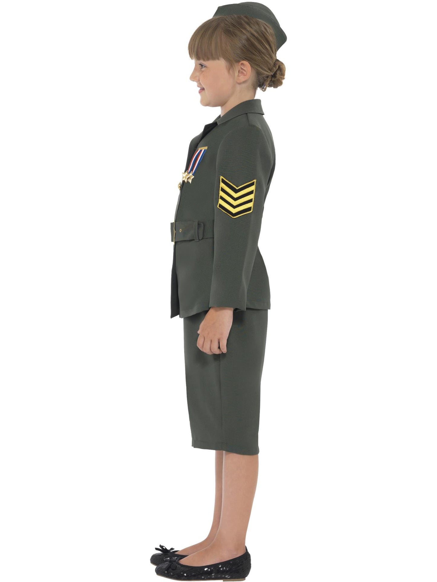 Disfraz de chica del ejercito de la 2ª Guerra Mundial, caqui verde, con chaqueta, falda, cinturón acoplado y gorro