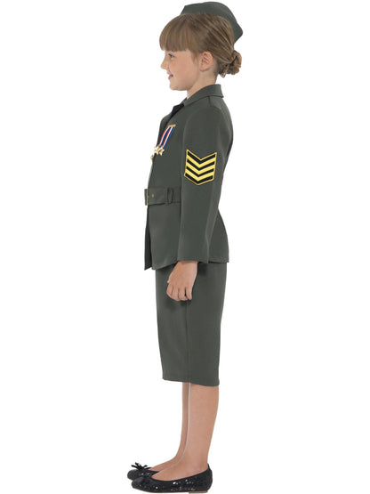 Disfraz de chica del ejercito de la 2ª Guerra Mundial, caqui verde, con chaqueta, falda, cinturón acoplado y gorro
