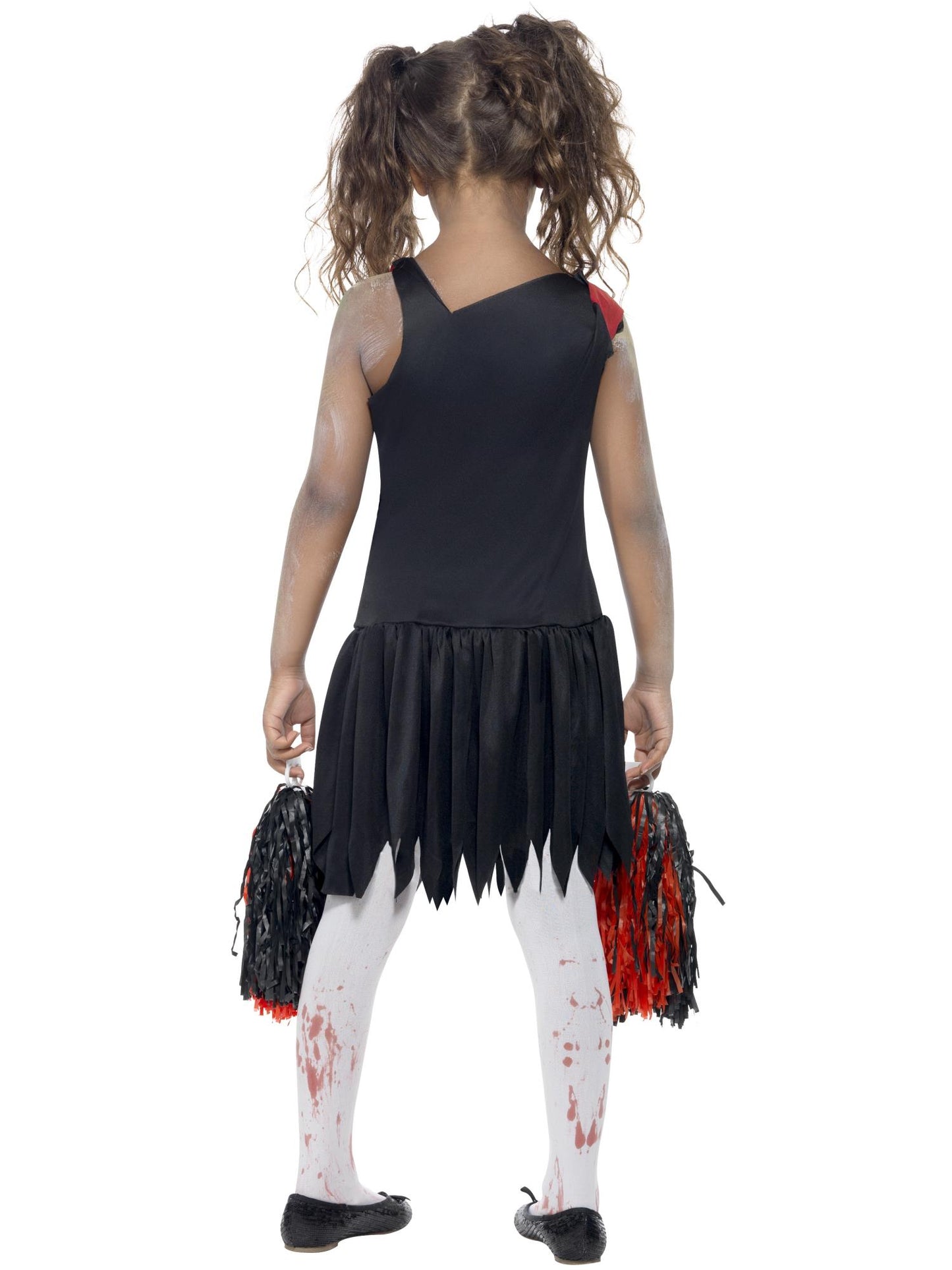 Zombiekostüm Cheerleader, Rot und Schwarz, mit blutbeflecktem Kleid und Pompons