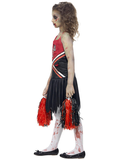 Zombiekostüm Cheerleader, Rot und Schwarz, mit blutbeflecktem Kleid und Pompons