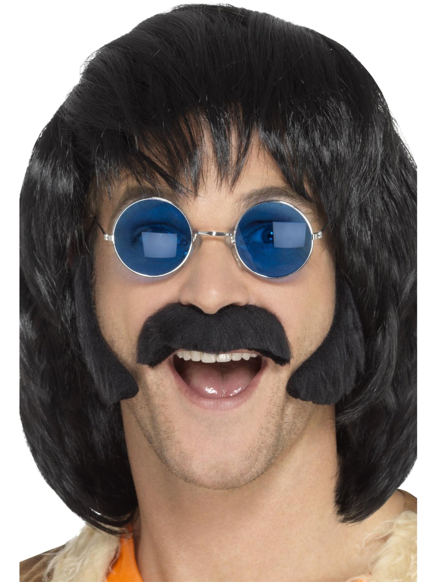 Hippie-Verkleidungsset, Schwarz, mit Koteletten und Schnurrbart, Selbstklebend