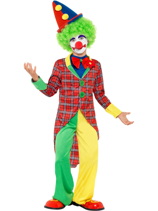 Disfraz de payaso, rojo y verde, con chaqueta, pantalones y camisa falsa con pajarita