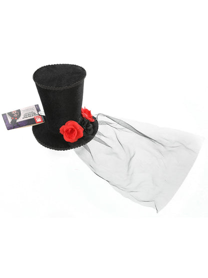 Mini haut-de-forme Jour des morts, Noir, sur bandeau, avec roses et voile en dentelle amovible