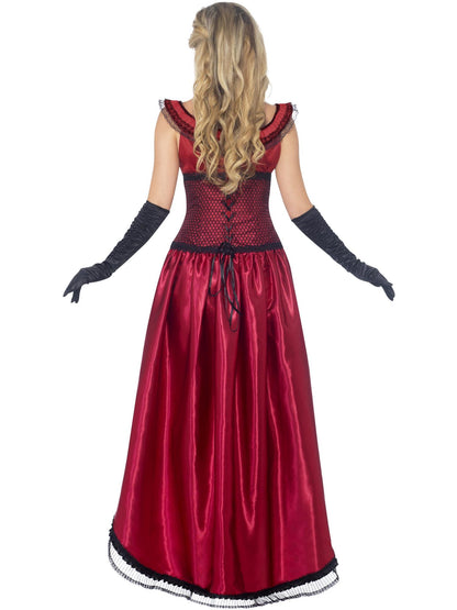 Disfraz de chica de burdel auténtico del Oeste, color borgoña, con vestido y corsé 