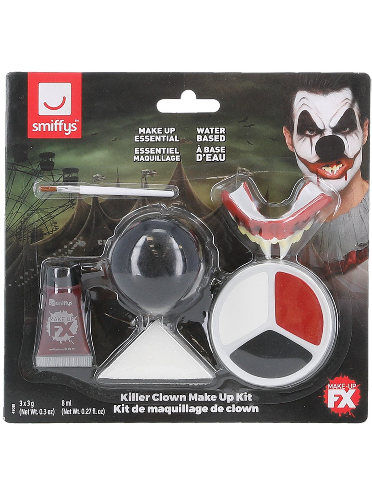 Killer-Clown-Kosmetik-Set, Aqua, Rot, 3 Farben, Blut, Nase, Zähne, Schwamm & Pinsel