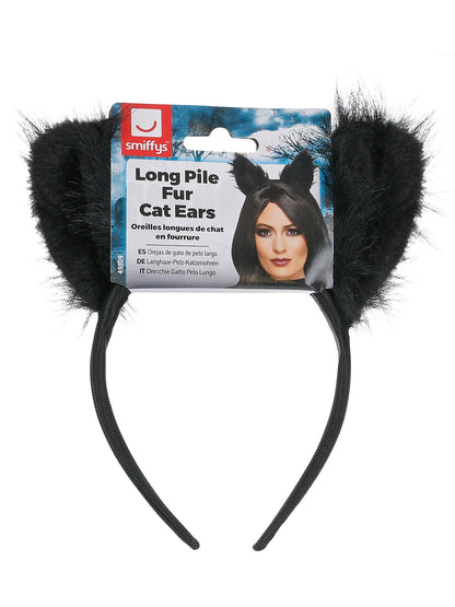 Long Pile Fur Cat Ears, Black  Wholesale