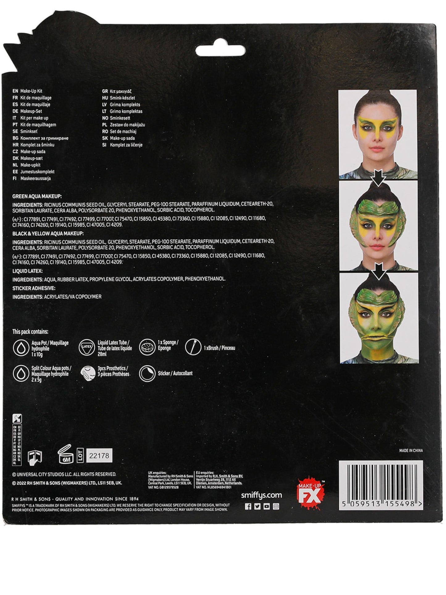 Kit de cosméticos para prótesis de criatura de la laguna negra, Universal Monsters, Aqua Pots, cepillo, esponja, pegamento cosmético y cejas y aletas protésicas