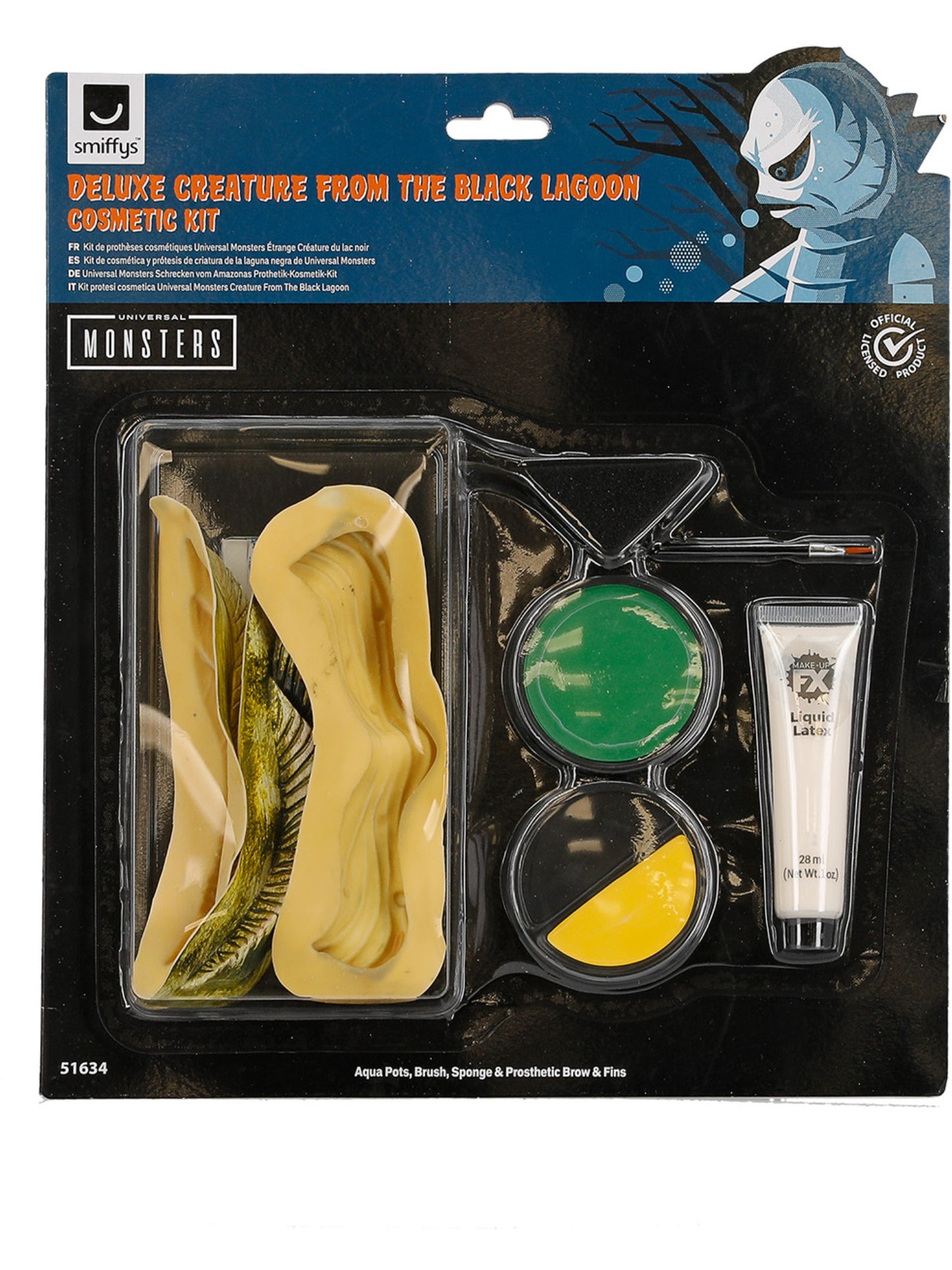 Kit de cosméticos para prótesis de criatura de la laguna negra, Universal Monsters, Aqua Pots, cepillo, esponja, pegamento cosmético y cejas y aletas protésicas