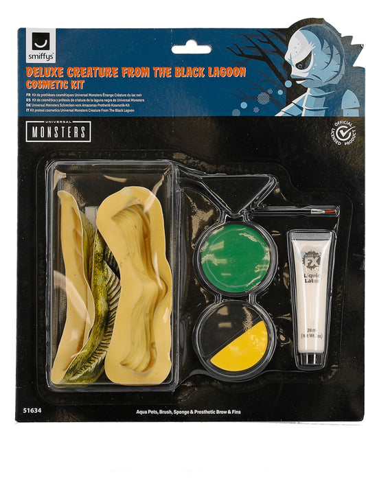 Kit de cosméticos para prótesis de criatura de la laguna negra, Universal Monsters, Aqua Pots, cepillo, esponja, pegamento cosmético y cejas y aletas protésicas